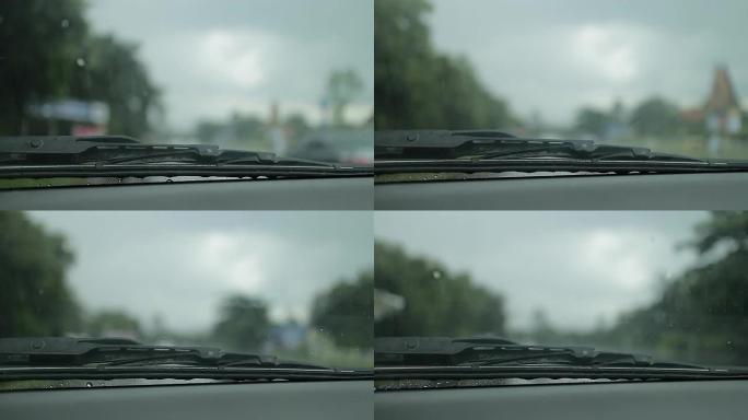 前视镜上的雨滴汽车视角行车视角模糊