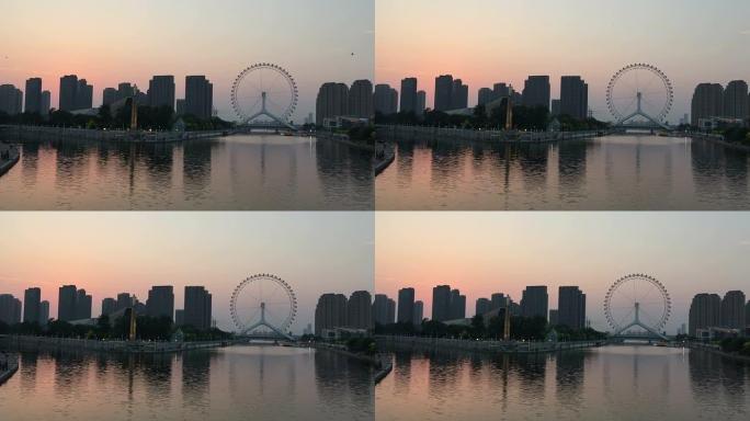天际线和天津现代建筑在黄昏时的河岸，实时。