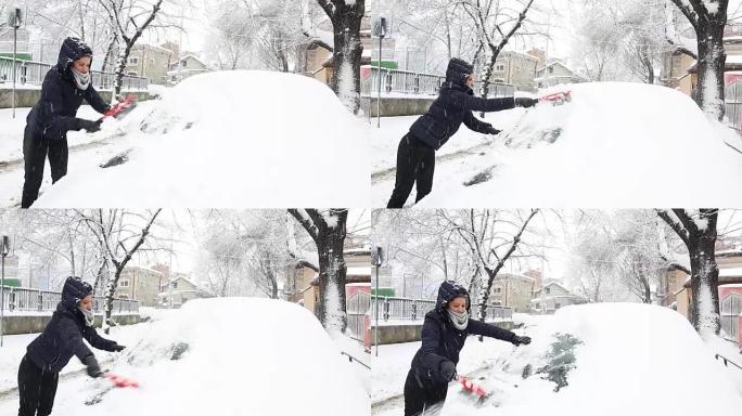 年轻女子用刷子擦雪。