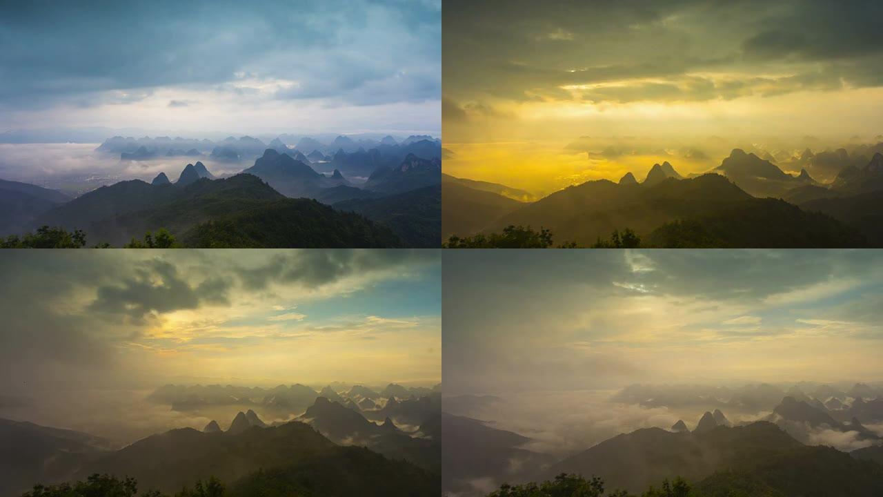 中国广西桂林，黄昏的桂林山。延时摄影