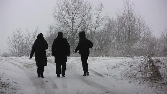 边走路边说话冬季景色三个人走路背影