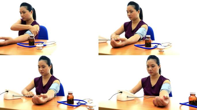 高清多莉镜头：女士对自己的血压测试感到满意