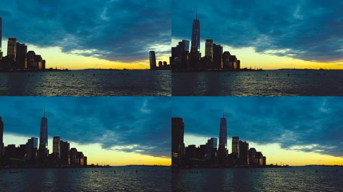 日落时带有自由塔的曼哈顿建筑