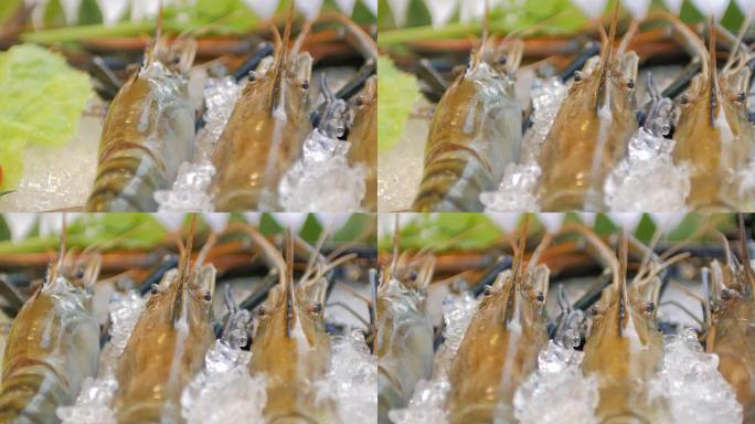 河虾和新鲜海鲜在冰上的特写镜头，平移镜头，4k(UHD)
