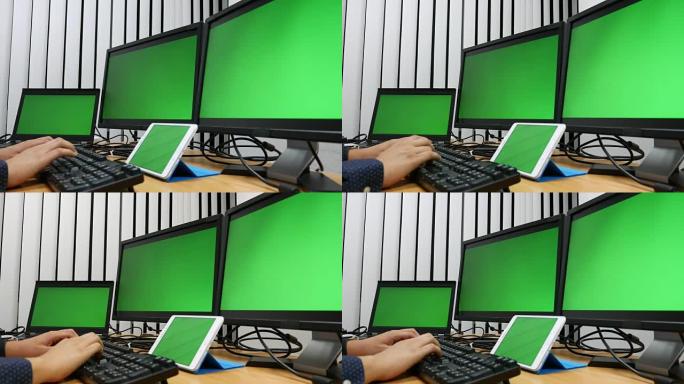 Dolly shot: 在带有绿色屏幕的笔记本电脑和显示器上使用