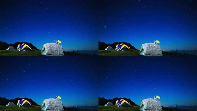 泰国清迈的银河时光倒流，旅行者的帐篷在前面。临近黎明和早晨。