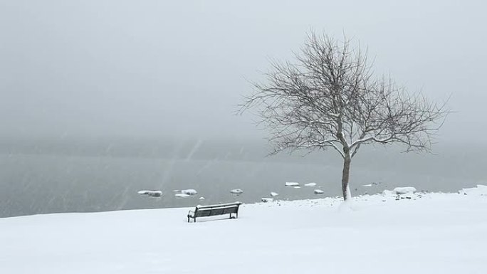 冬天下雪孤独的椅子冰天雪地