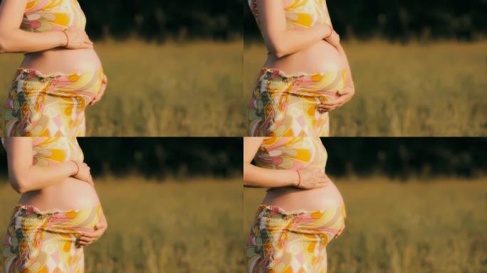 HD，孕妇和风景准妈妈摸肚子怀孕的喜悦