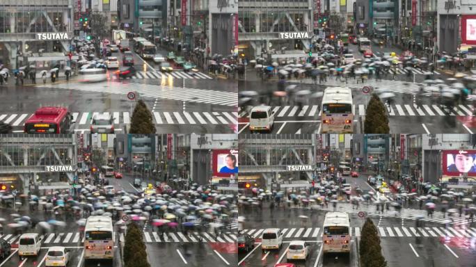 高清延时：行人在涩谷十字路口与降雨