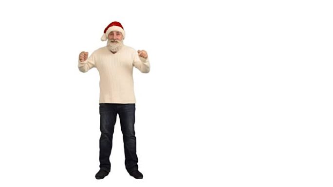 成人高级胡须男子展示复制空间，并在白色背景上戴着帽子的圣诞老人展示大拇指