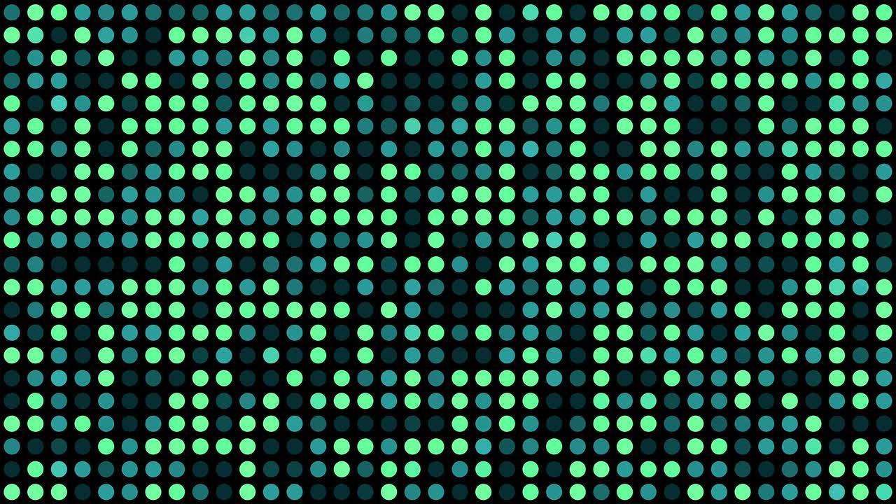音乐视频背景-绿色和绿松石色多色圆圈-黑色背景上具有随机生成效果的点网格