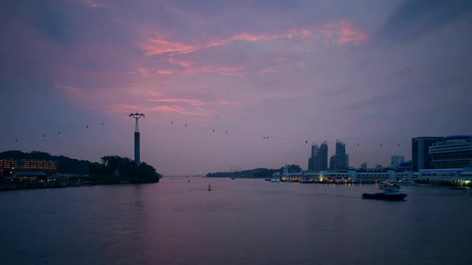 圣淘沙缆车海上游船贸易海岸城市日转夜延时