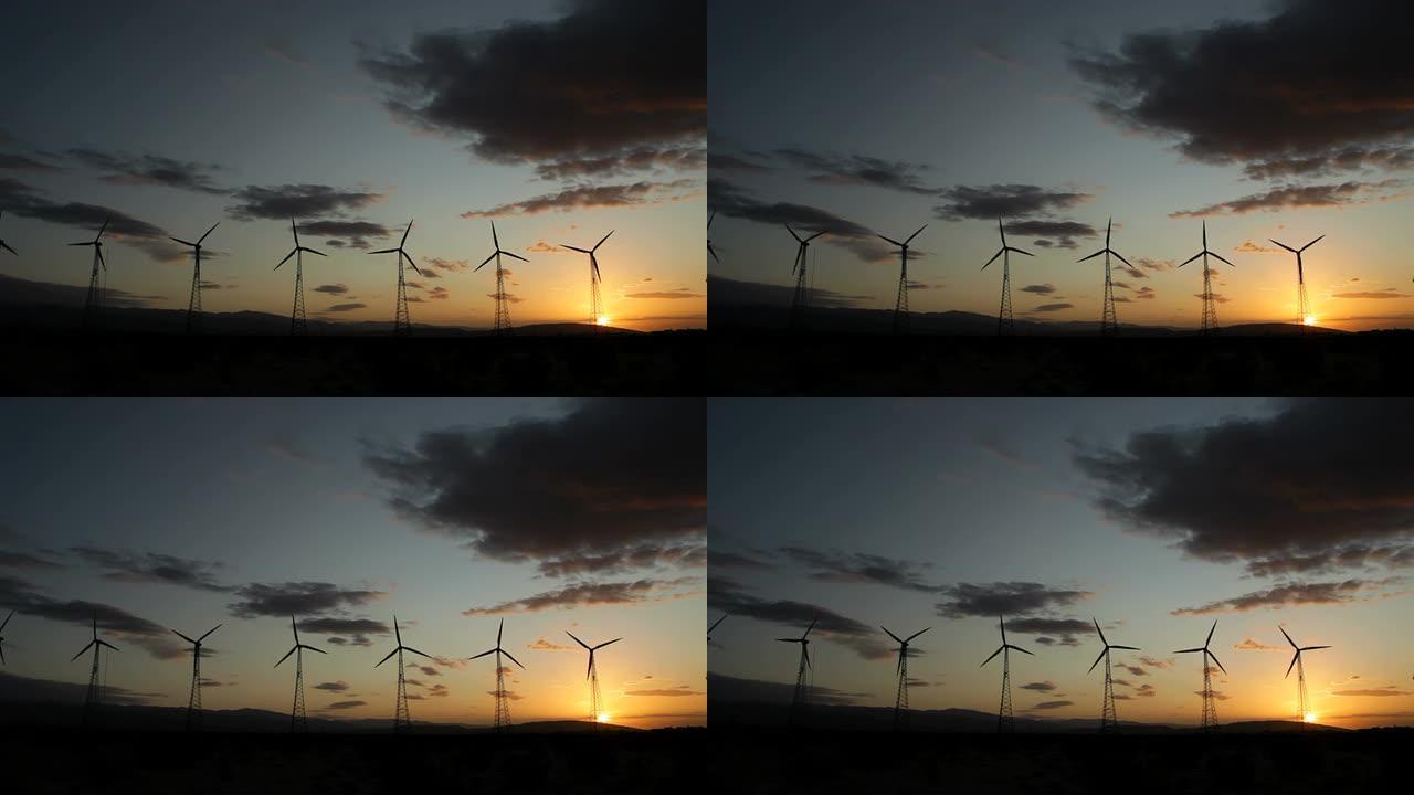 高清视频日出和可再生风电场加州棕榈泉