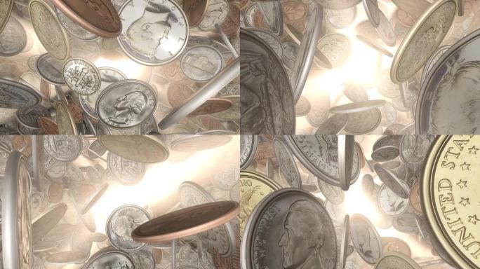 前视图，旋转美国硬币，透过阳光 (循环)
