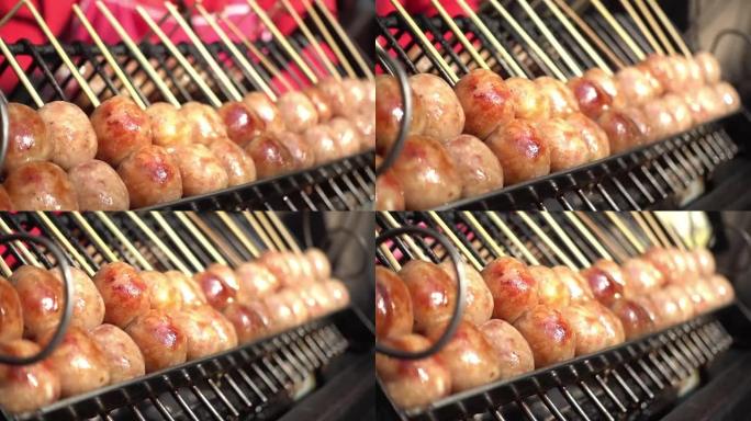 泰国-东方香肠BBQ肉肠特写镜头人文烟火