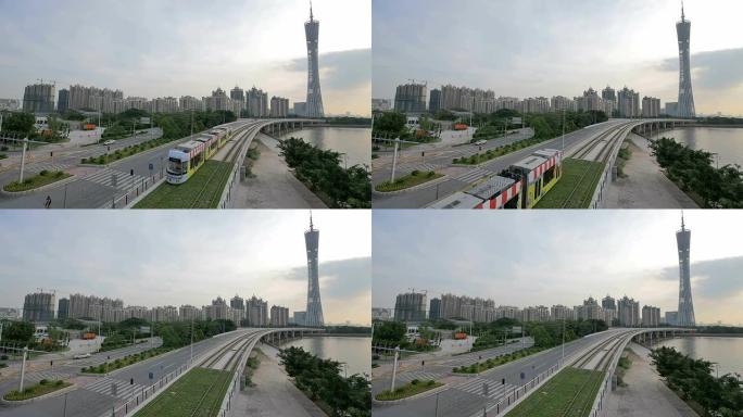 现代建筑外观，火车和天空在广州，实时。