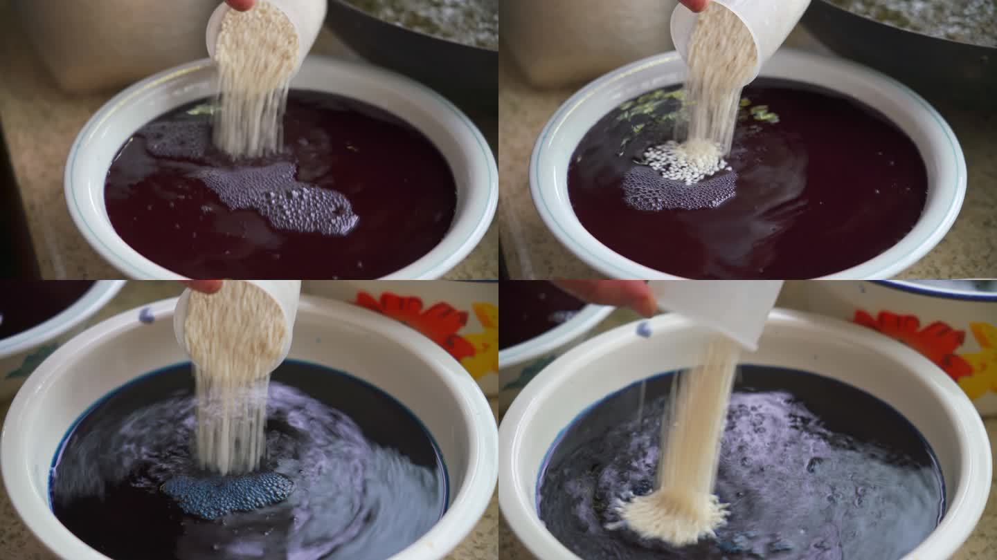 制作中国清明节的传统食物五色糯米饭的工序