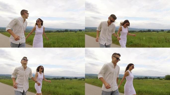 男人和女人一起跑步。慢动作