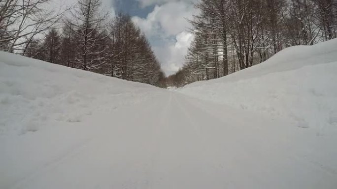 雪地冬季公路行驶雪道雪橇雪爬犁冰天雪地