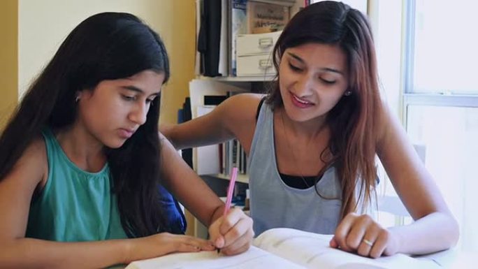 年轻女子在学习时鼓励妹妹辅导她