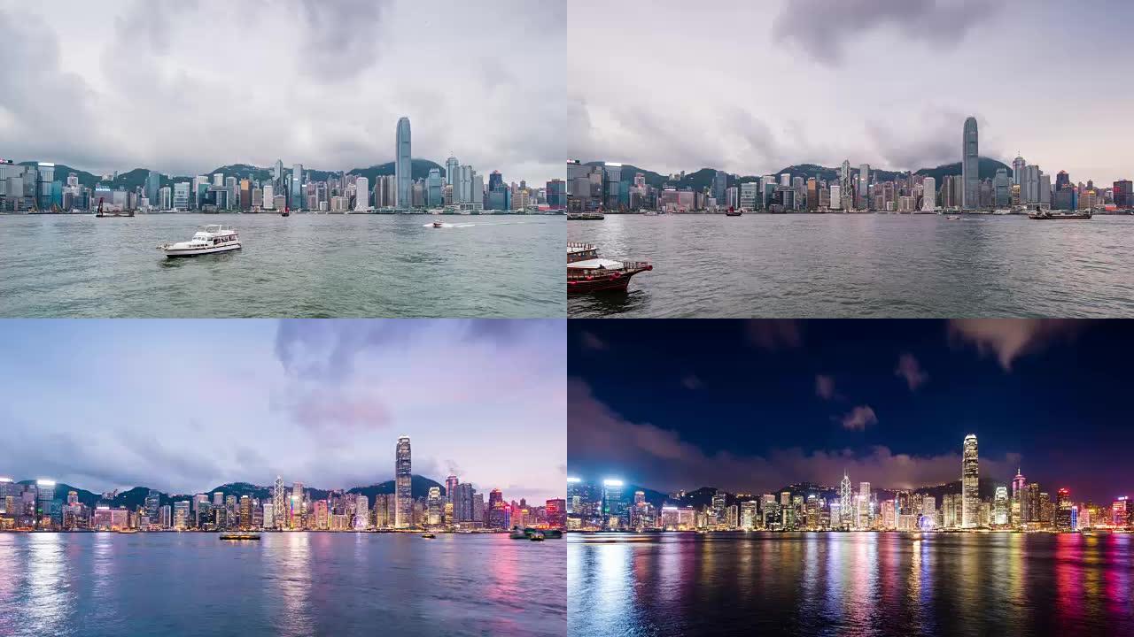 全景天际线，香港现代建筑在河岸日夜，延时