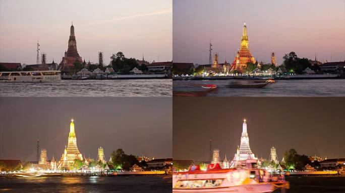 高清延时白天到晚上：Wat Arun傍晚到天黑。河上的船只交通