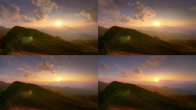 日落和云的运动在山上掠过