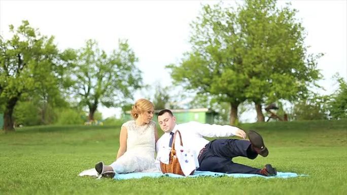 新婚夫妇野餐公园草坪周末时光热恋期间