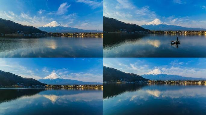 日本富士山早上。蓝天白云延时
