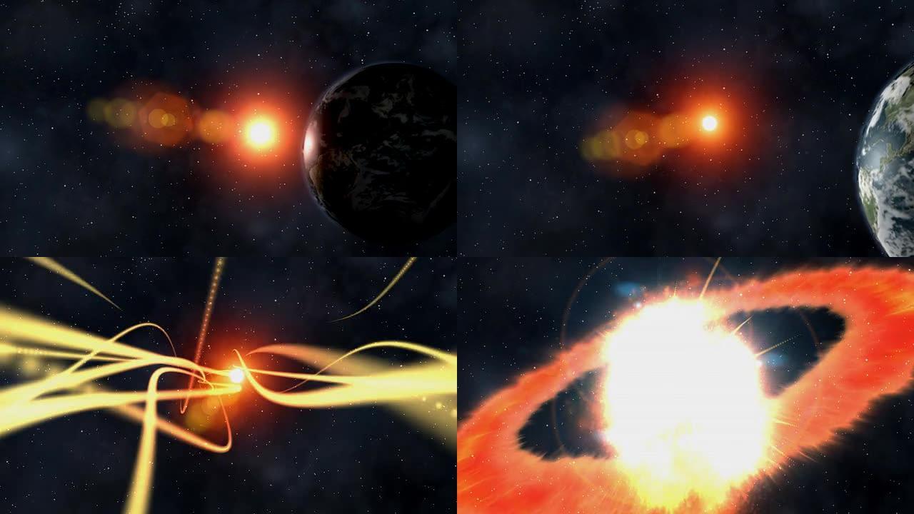 地球背后日出后巨大爆炸的3D动画