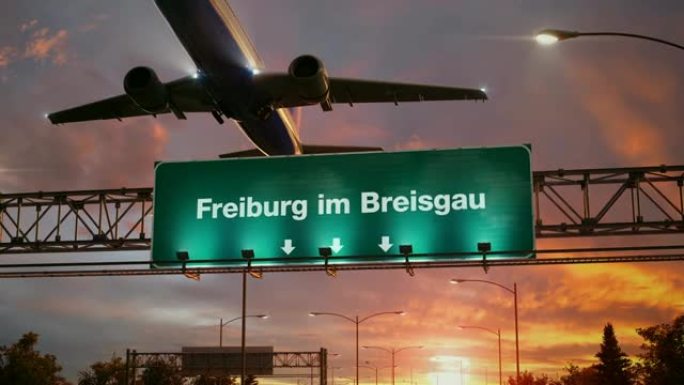 在美妙的日出期间，飞机从弗莱堡 (Freiburg im Breisgau) 起飞