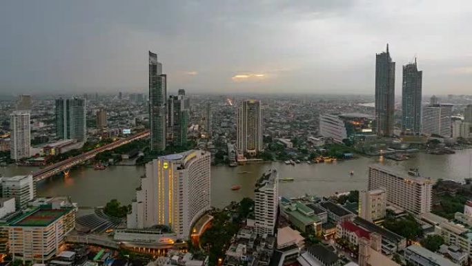 曼谷天际线全景和曼谷市中心的摩天大楼泰国曼谷湄南河日落时分的4k时间流逝。