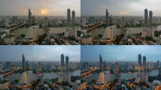 曼谷天际线全景和曼谷市中心的摩天大楼泰国曼谷湄南河日落时分的4k时间流逝。