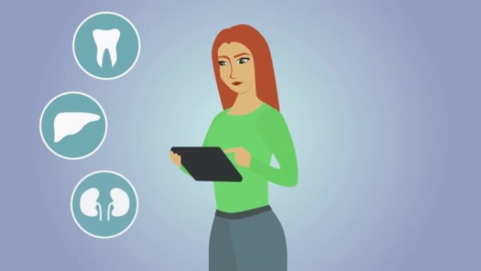 2D动画，屏幕上出现平板电脑的红发高加索女人，周围出现人体内部器官的图标。专业医师，现代医生。