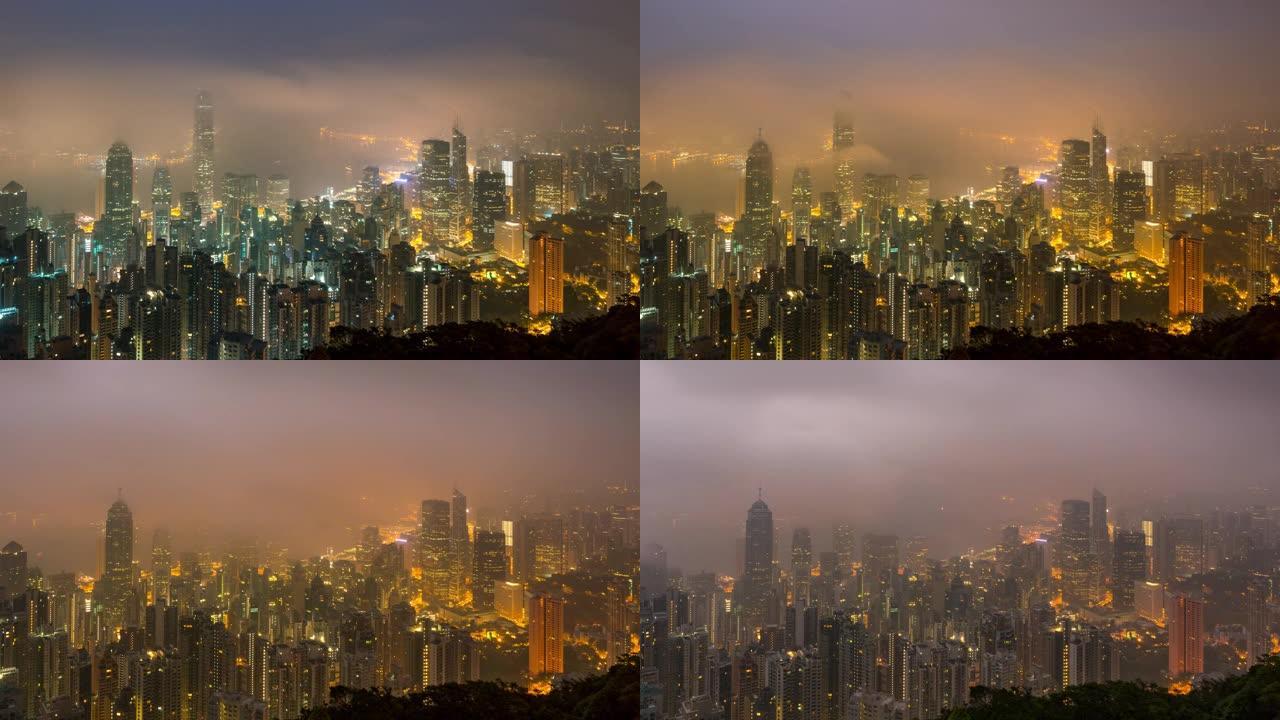日夜时间流逝香港城市天际线。从中国香港的太平山看