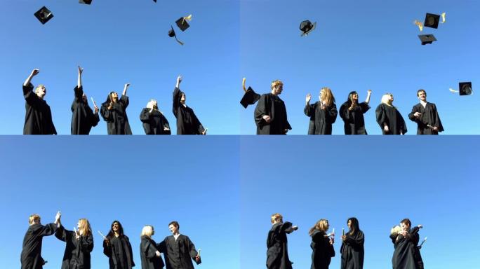 一群毕业生扔毕业帽