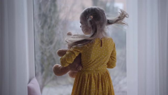 小女孩摇着长马尾辫的后视。抱着泰迪熊的孩子站在窗前。休闲，生活方式。