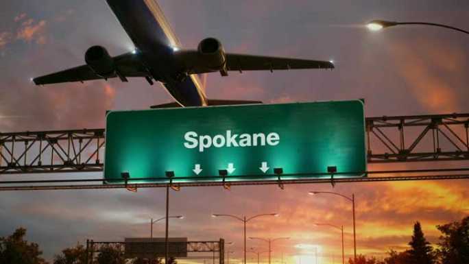 在美妙的日出期间，飞机从斯波坎起飞