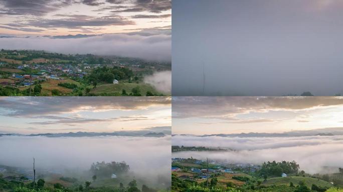 山上的日出有运动雾和多云，时间流逝