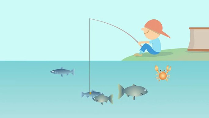 男孩钓鱼高清小孩子坐在池塘边小鱼上钩