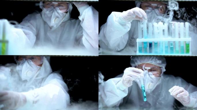 研究人员从带有蒸发液体，沉淀物的冰箱试管中取出