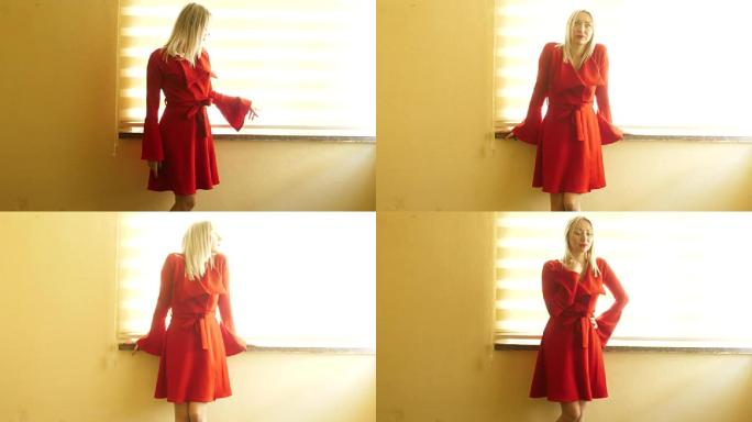红色连衣裙女人-等待