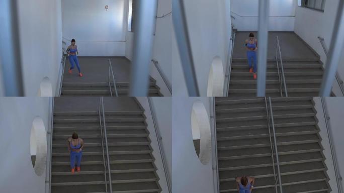 独自跑下楼梯跑步下楼梯运动服装室内奔跑