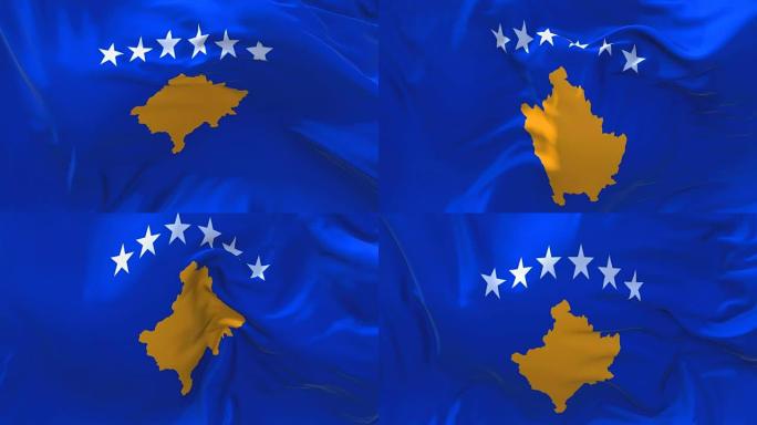 科索沃国旗在风中飘扬的慢动作动画。4K逼真的织物纹理旗帜平稳吹在一个刮风的日子连续无缝循环背景。