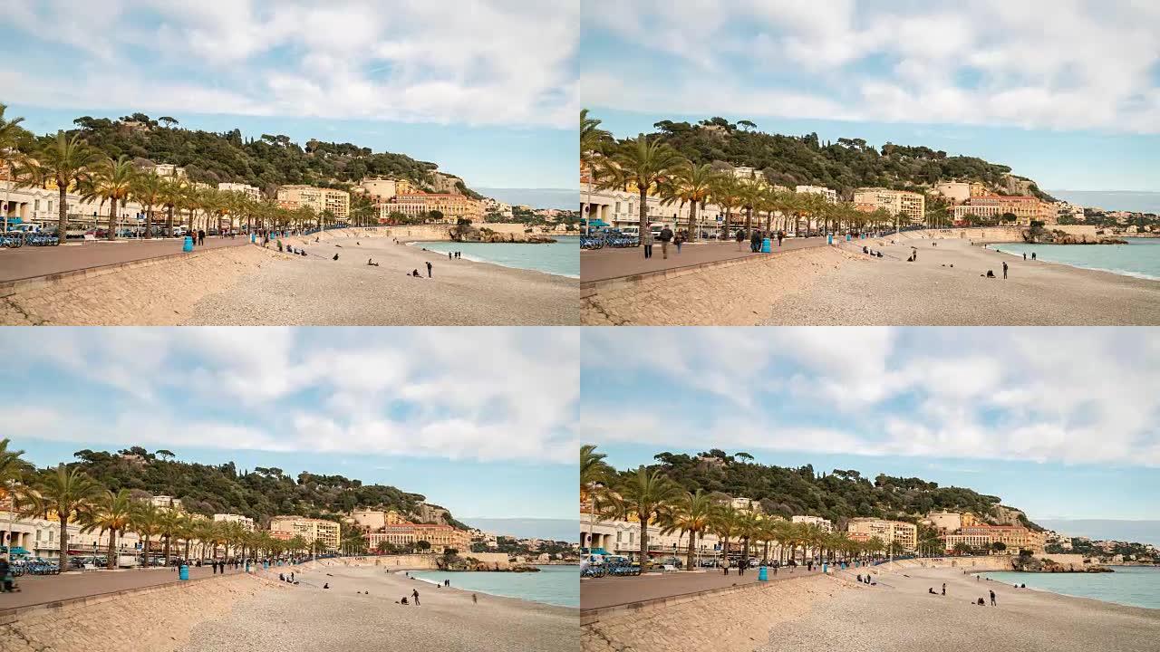 延时: 法国里维埃拉尼斯海滩上的行人