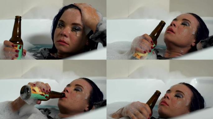 生病的女俱乐部会员因宿醉而喝啤酒瓶躺在浴缸，危机