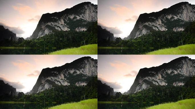 泰国素叻他尼府考索克国家公园Ratchaprapha大坝美丽的山脉和河流自然景点。