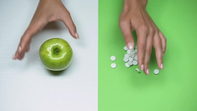 苹果vs药丸选择，饮食和健康的生活方式，医生的建议，宏观