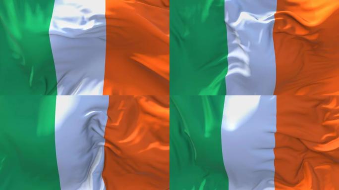 爱尔兰国旗迎风飘扬的慢动作动画。4K逼真的织物纹理旗帜平稳吹在一个刮风的日子连续无缝循环背景。