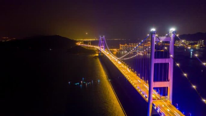香港青衣区马大桥夜间汽车交通超度俯视或俯冲鸟瞰图